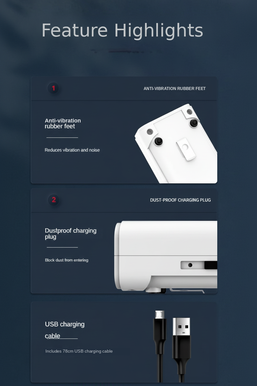 Feature highlights infographic for a white USB charging cable, showing three key selling points: anti-vibration rubber feet, a dustproof charging plug, and the included USB charging cable, set against a dark navy blue background.
