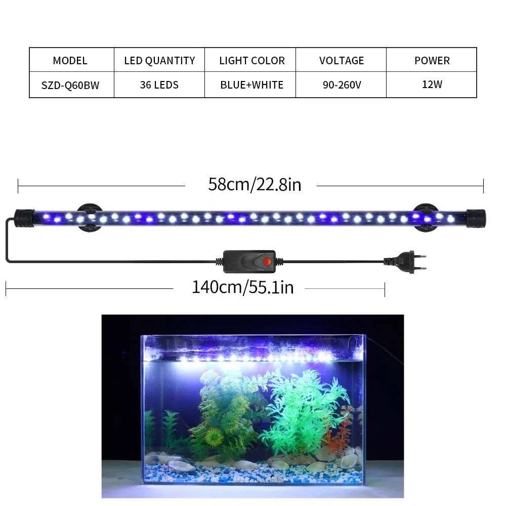 Aquarium light with specifications and dimensions displayed above an aquarium setup.