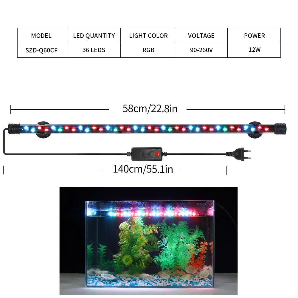 Aquarium LED light strip with specifications and a sample installation.