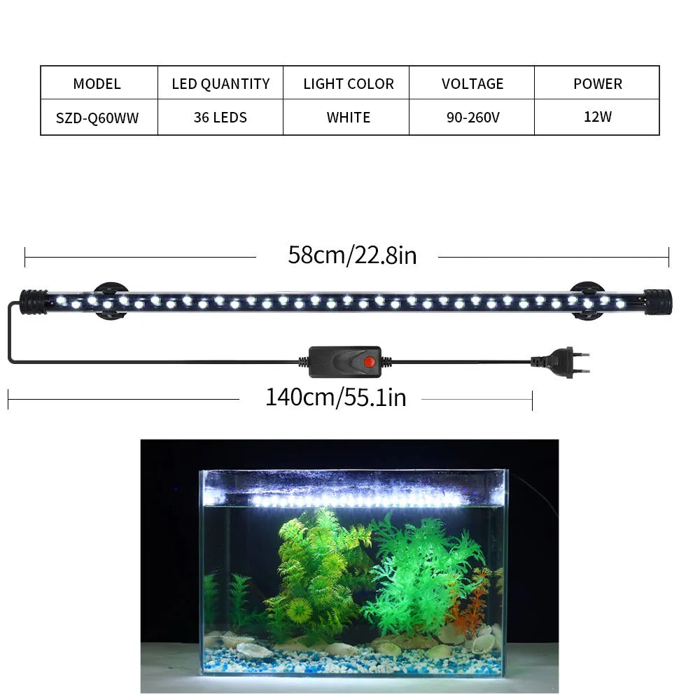 Aquarium LED light strip with specifications and a sample installation in an aquarium.