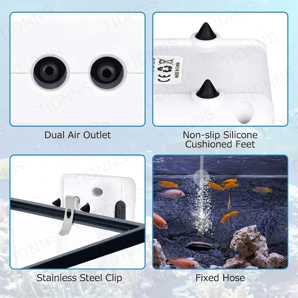 TIDNNS TD-300 aquarium air pump accessories detail: dual air outlet ports, non-slip silicone cushioned feet, stainless steel clip, and fixed hose shown in aquarium