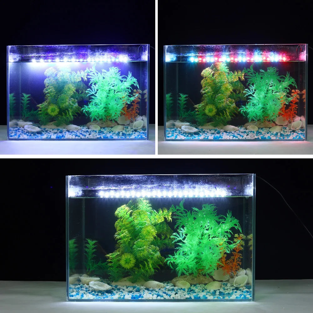 Three views of an aquarium with LED lights on a black background