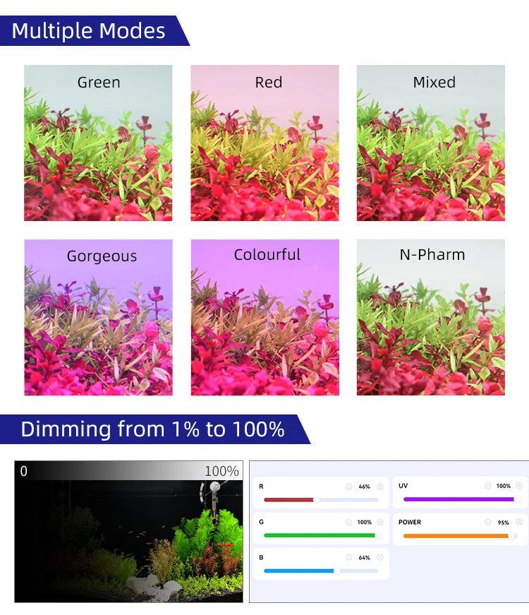 Display of different color modes for an aquarium light with corresponding images and a control panel.