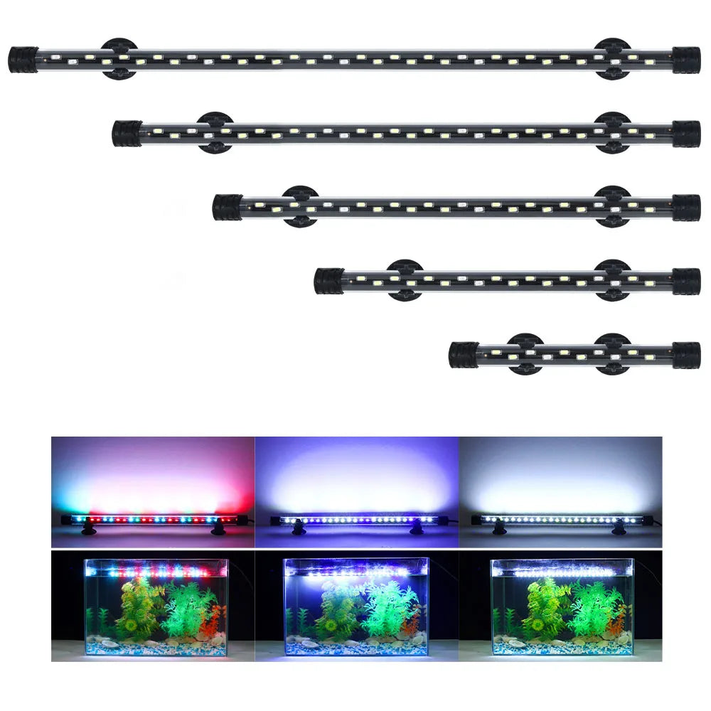 Set of LED aquarium lights with color-changing capabilities and examples in use.