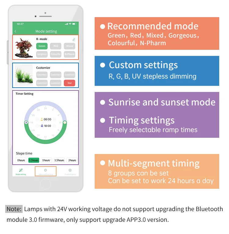 Smartphone displaying an app interface for controlling lighting settings with text highlighting features.
