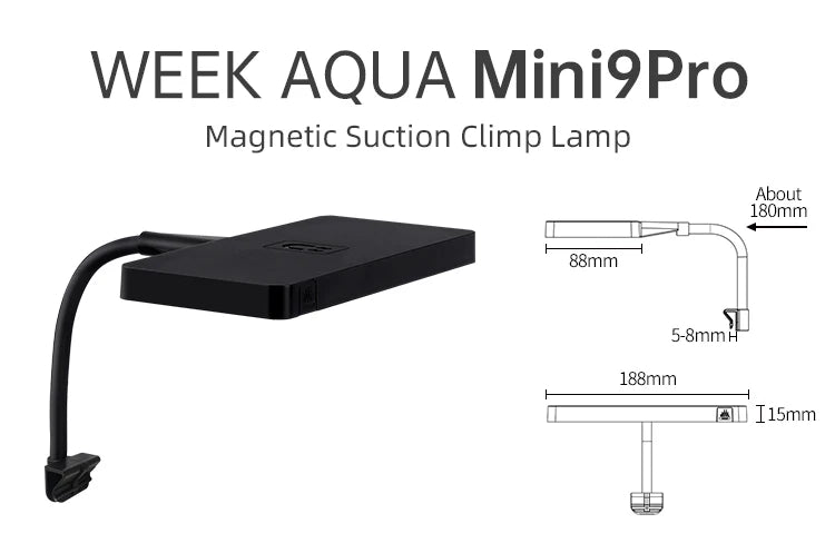 Magnetic suction clamp lamp with dimensions on a white background