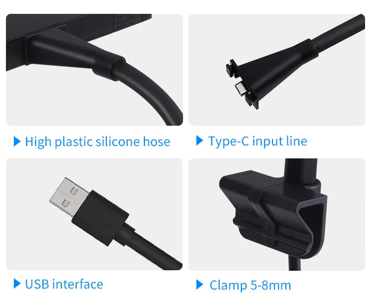 Product features including high plastic silicone hose, Type-C input line, USB interface, and clamp 5-8mm on a white background.