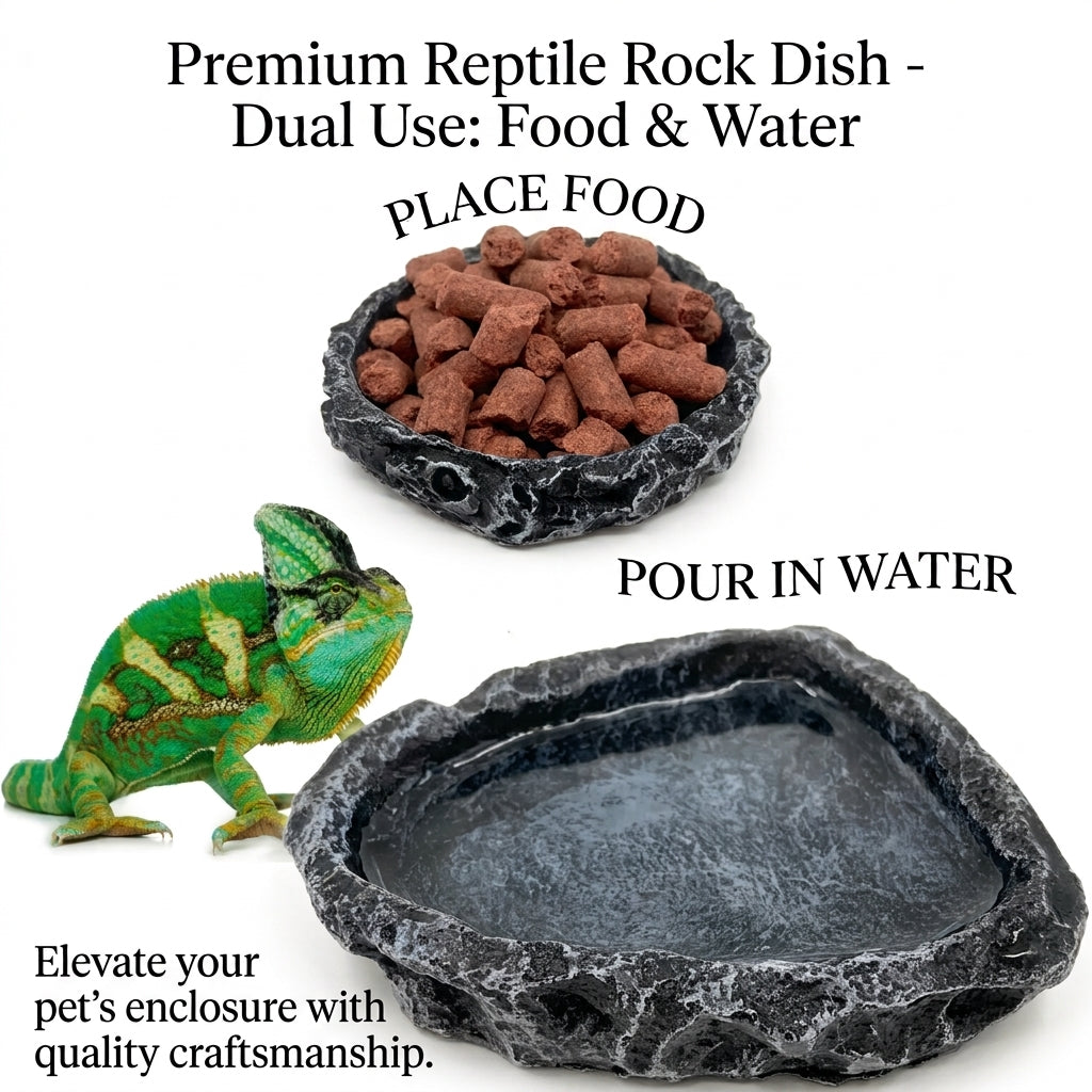 Premium reptile rock dish showing dual use — round feeding bowl filled with food pellets and flat water bowl, with chameleon, white background