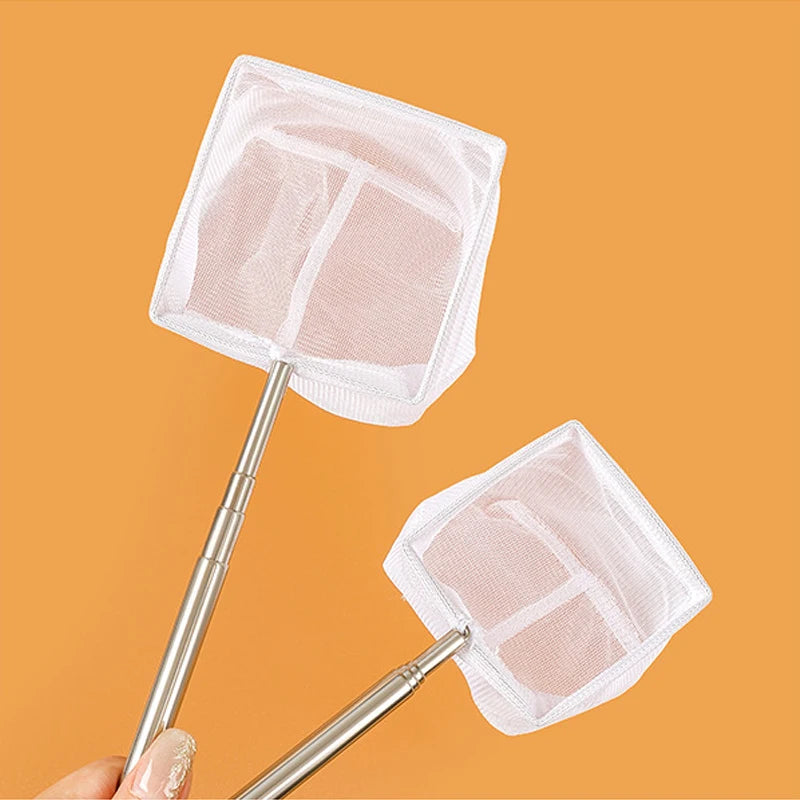 Two extendable netted swab tools held against an orange background