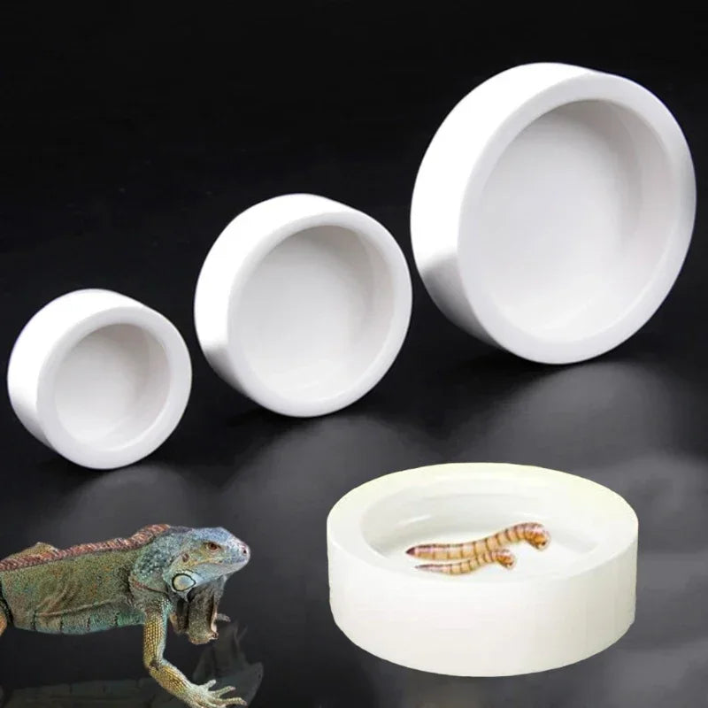 Set of white ceramic bowls on a dark background with a lizard and worm illustration.