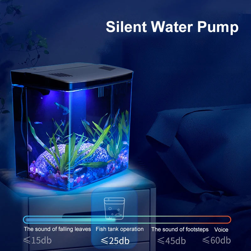 Small aquarium with a silent water pump on a nightstand, glowing blue.