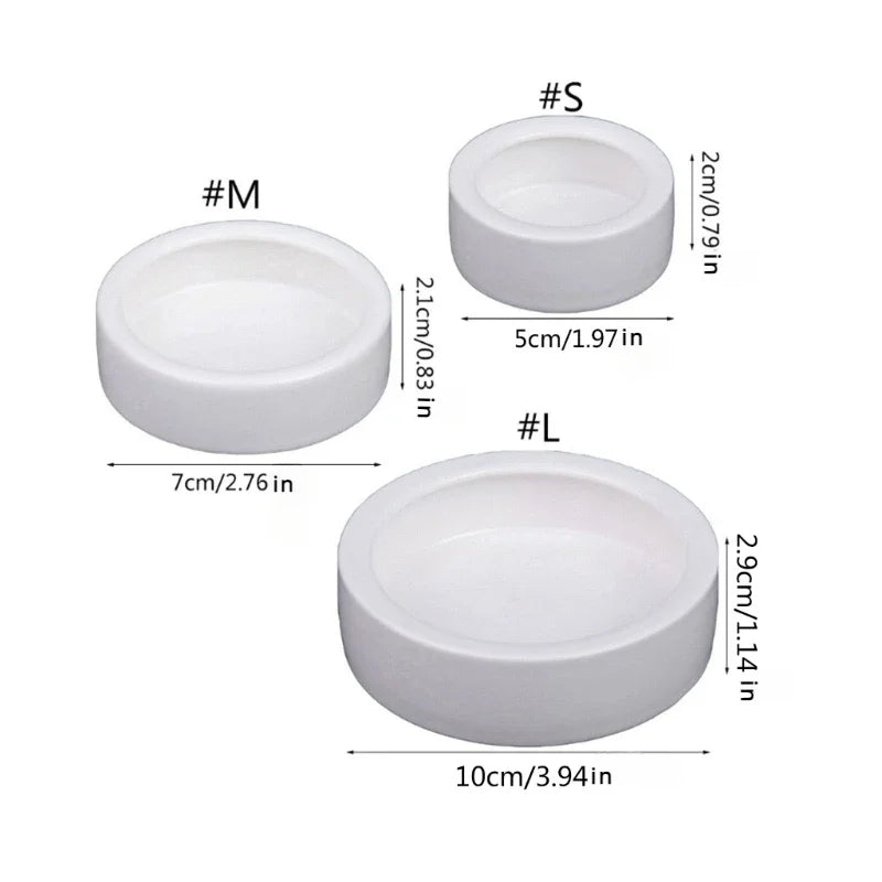 Three white cylindrical containers with measurements labeled on a white background