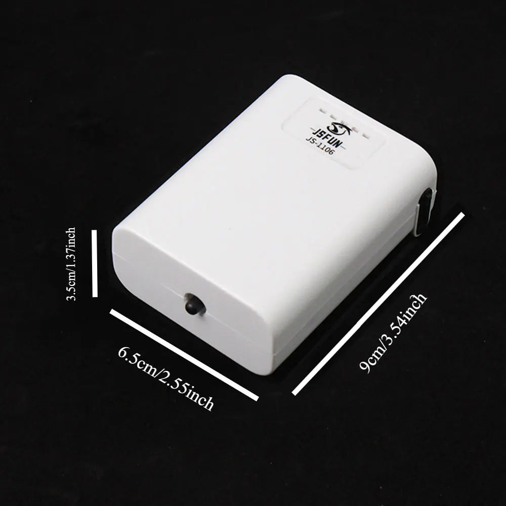 White electronic device with dimensions labeled on a black background