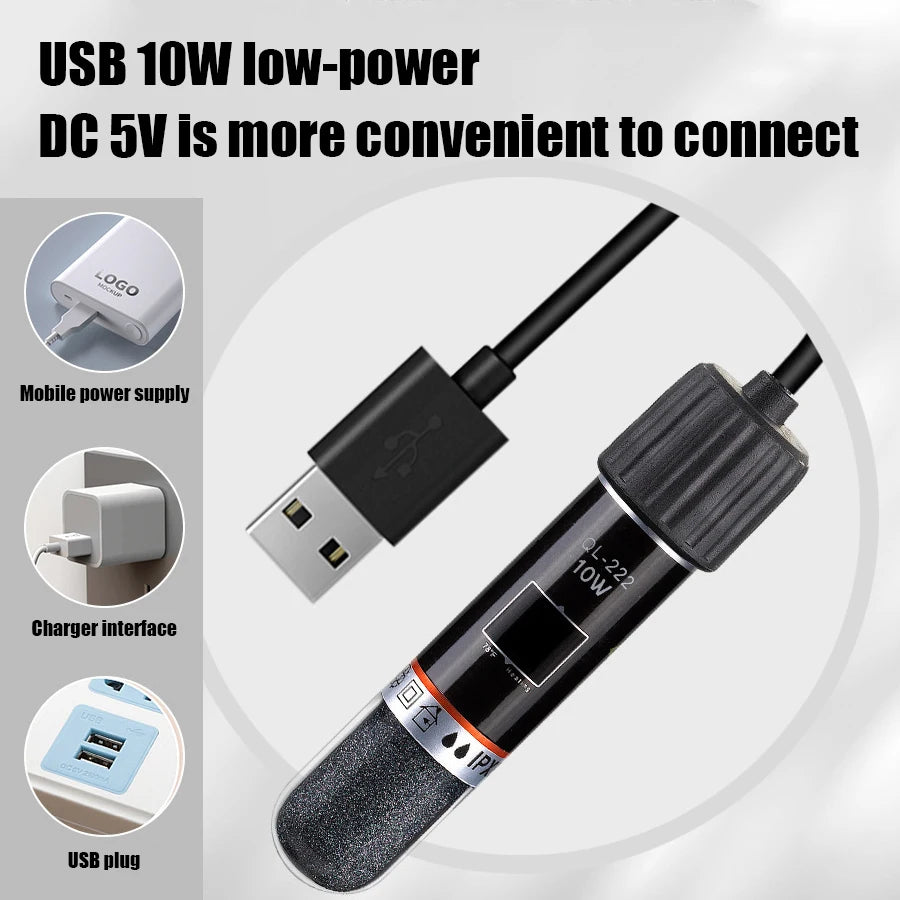 USB power adapter with charging interface and plug on a white background