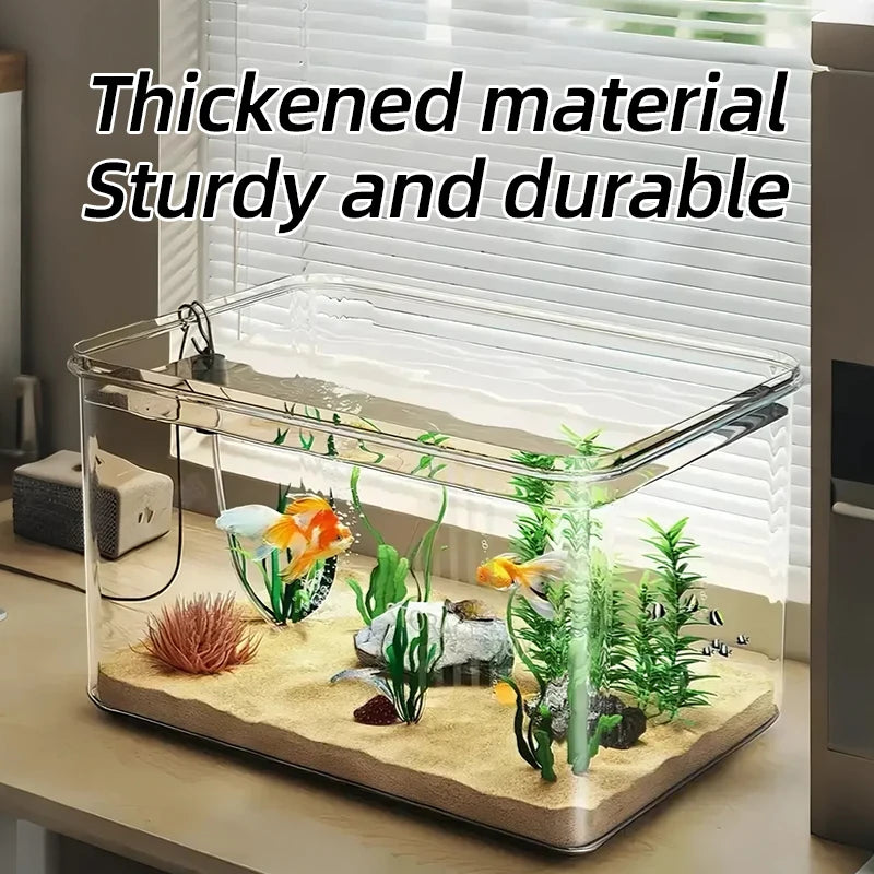 Fish tank with fish and plants on a table, text 'Thickened material Sturdy and durable' above.