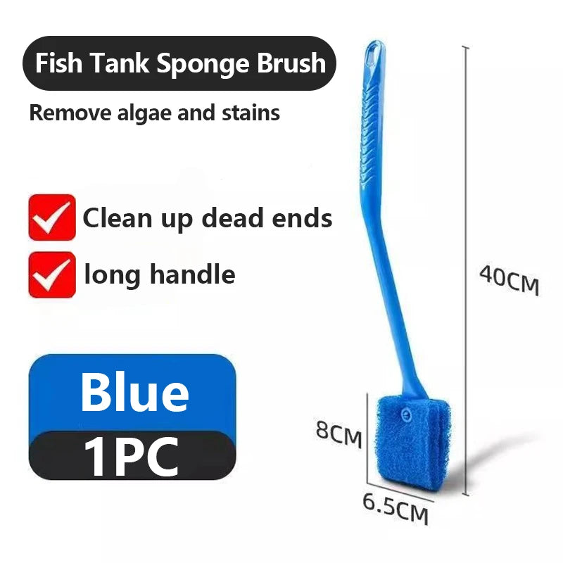 Blue fish tank sponge brush with measurements and features on a white background