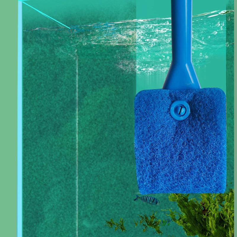 Blue pool cleaning tool with sponge head being used to clean a pool.