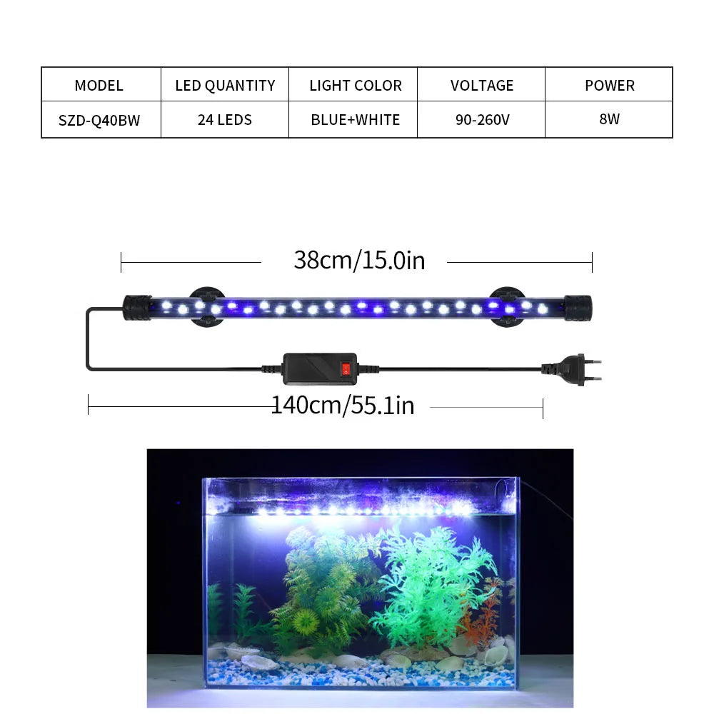 Aquarium light with specifications and a sample setup.