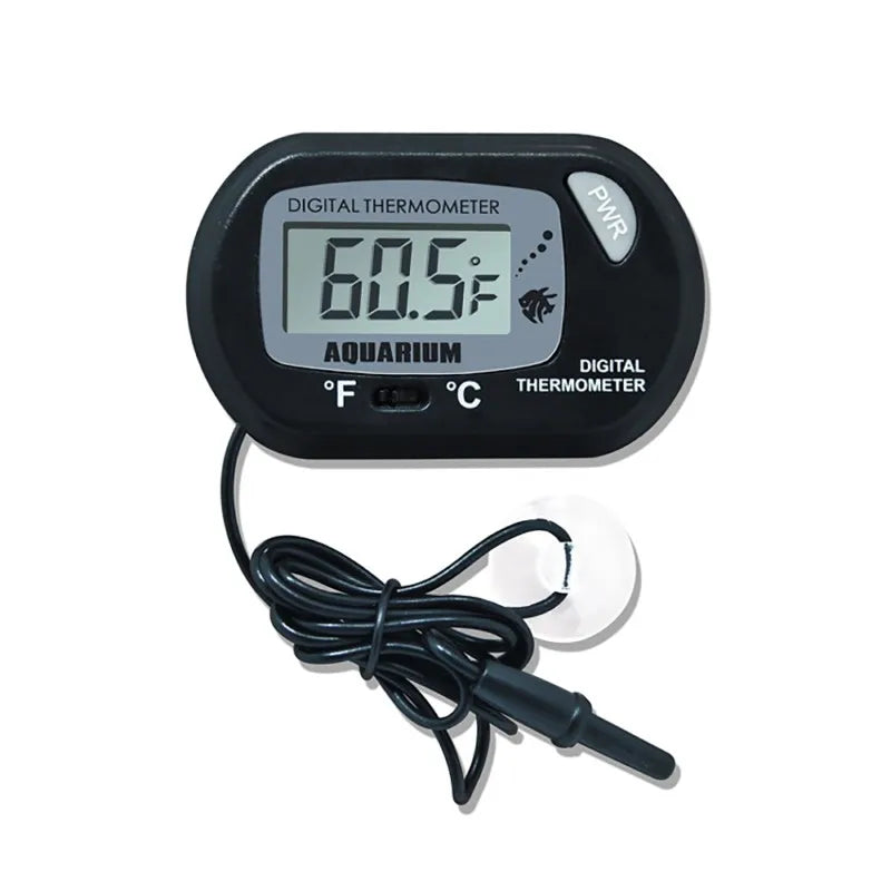 Digital thermometer for aquariums with a black casing and temperature display on a white background.