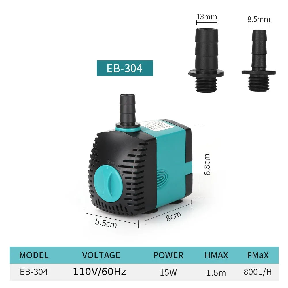 EB-304 submersible water pump spec sheet — 15W, 110V/60Hz, 1.6m max head, 800L/H flow rate, dimensions 5.5×8×6.8cm, includes 13mm and 8.5mm fittings