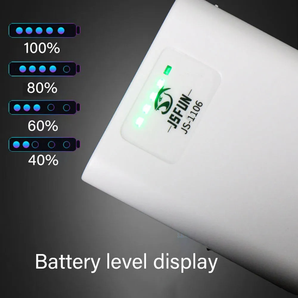 Battery level display on a power bank with visible brand logo.