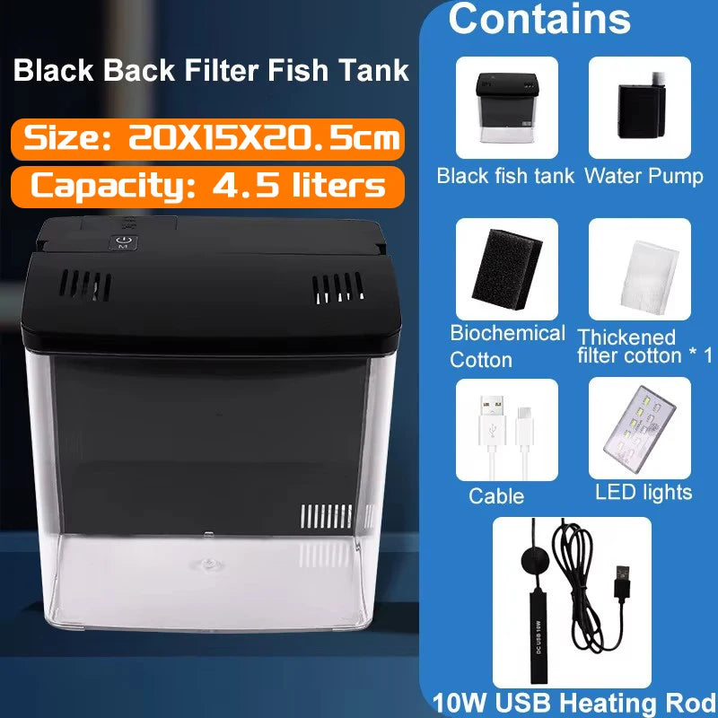 Black back filter fish tank with product details and included items on a blue background