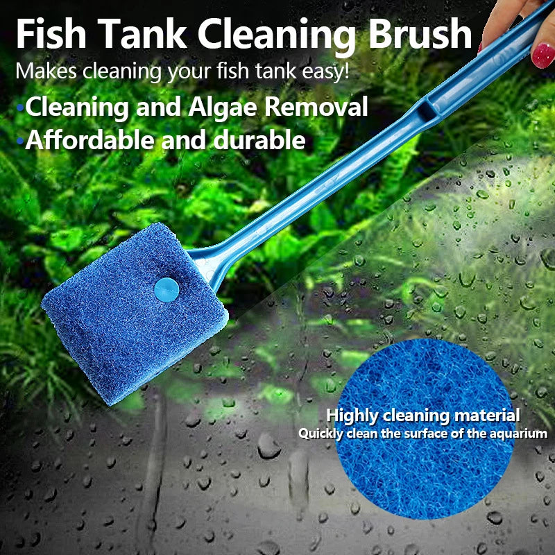 Fish tank cleaning brush with blue sponge head held over an aquarium.