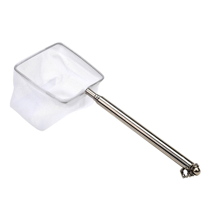Metallic fish net捞 with extendable handle on a white background
