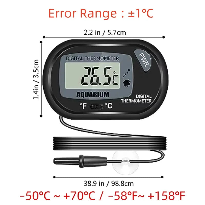 Digital thermometer for aquarium with error range and dimensions displayed
