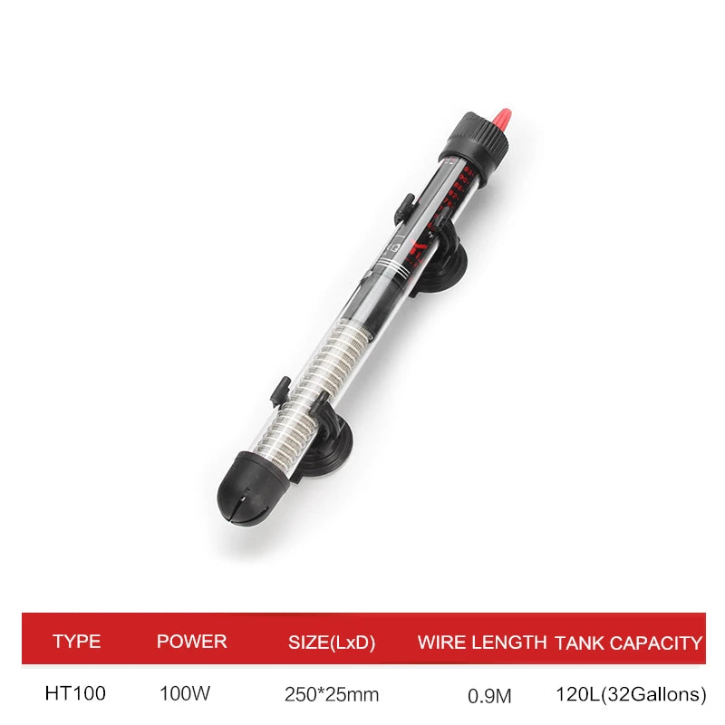 Aquarium heater with specifications on a white background