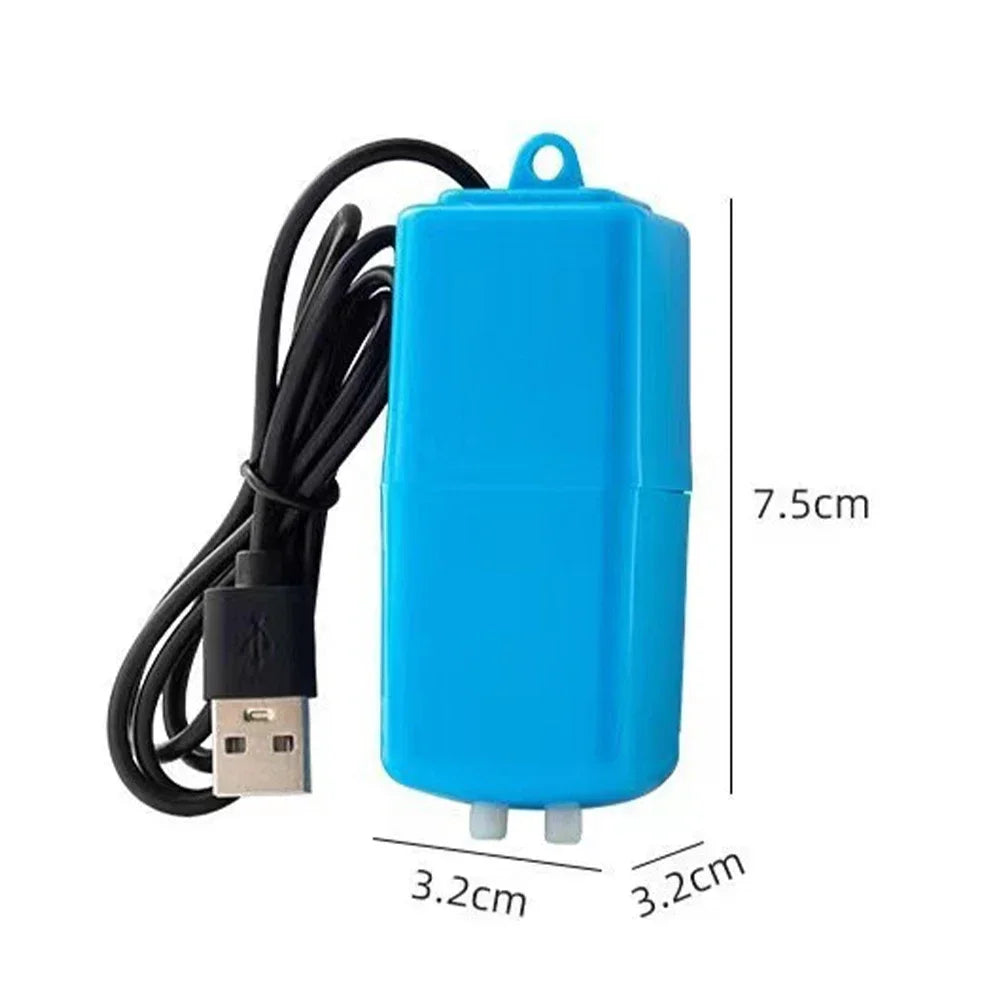 Blue USB device with black cable on a white background, showing dimensions.
