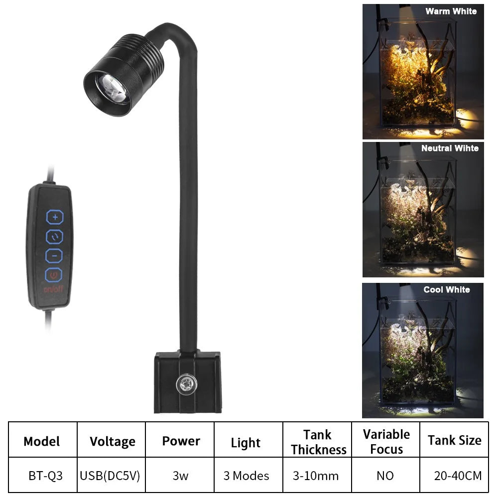 Black aquarium light with remote control and color options displayed.