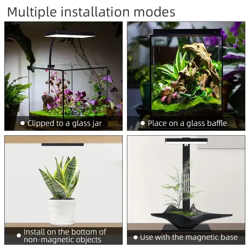Various installation modes of a plant lighting system on different surfaces.