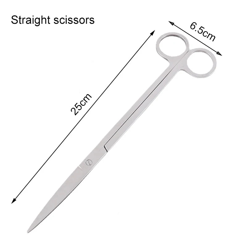 Measurement chart of straight scissors with dimensions labeled on a white background