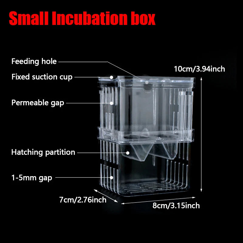 Small incubation box with labeled parts and dimensions on a black background