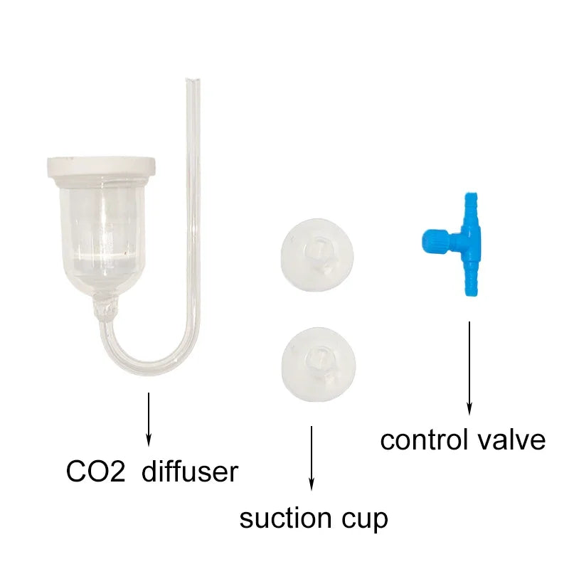 CO2 diffuser, suction cups, and control valve on a white background