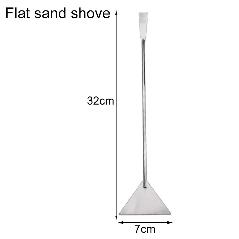 Measurement chart of a flat sand shovel with dimensions labeled on a white background