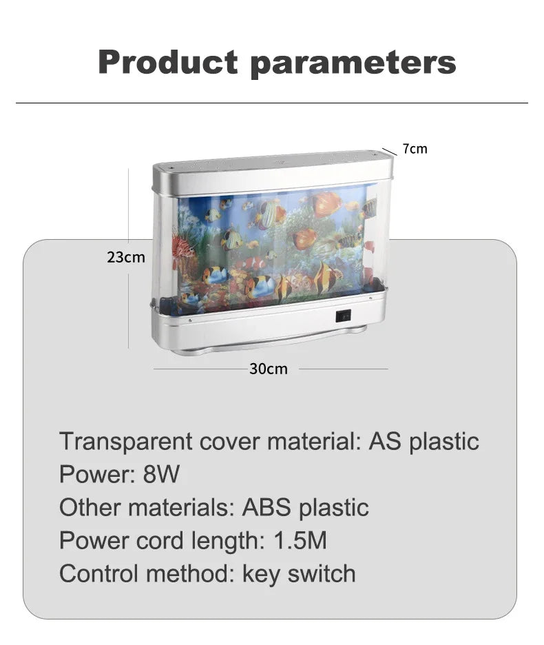 Product parameters of a small aquarium with dimensions and material details.