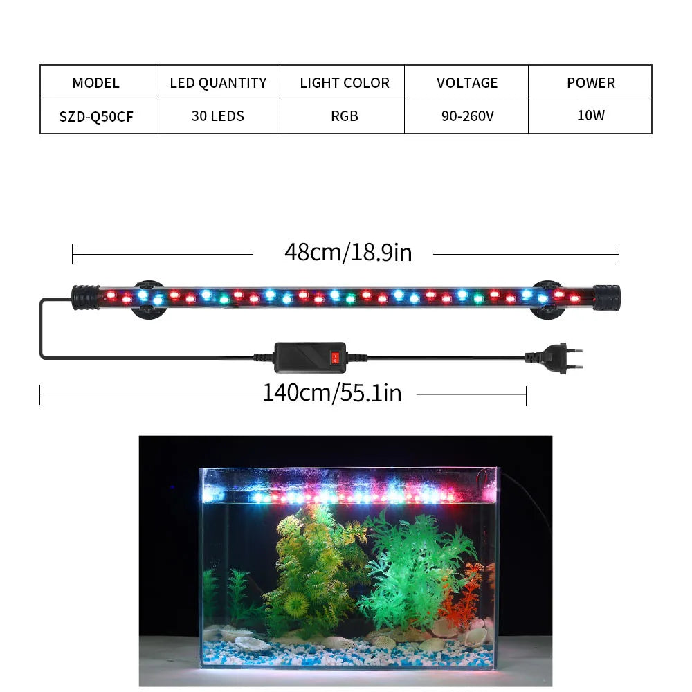 LED aquarium light with specifications and a sample installation in an aquarium.