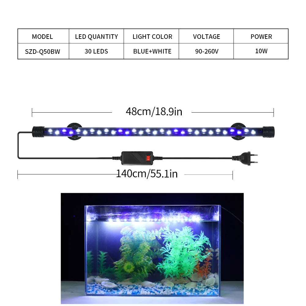 Aquarium light with specifications and an example of use on a white background