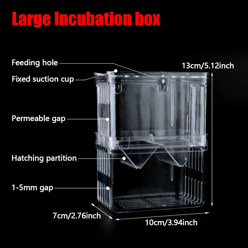 Large incubation box with labeled parts and dimensions on a black background