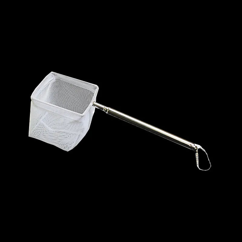 Metal net with a long handle on a black background