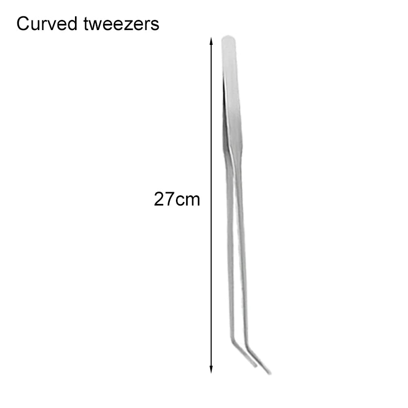 Curved tweezers with a measurement of 27cm on a white background