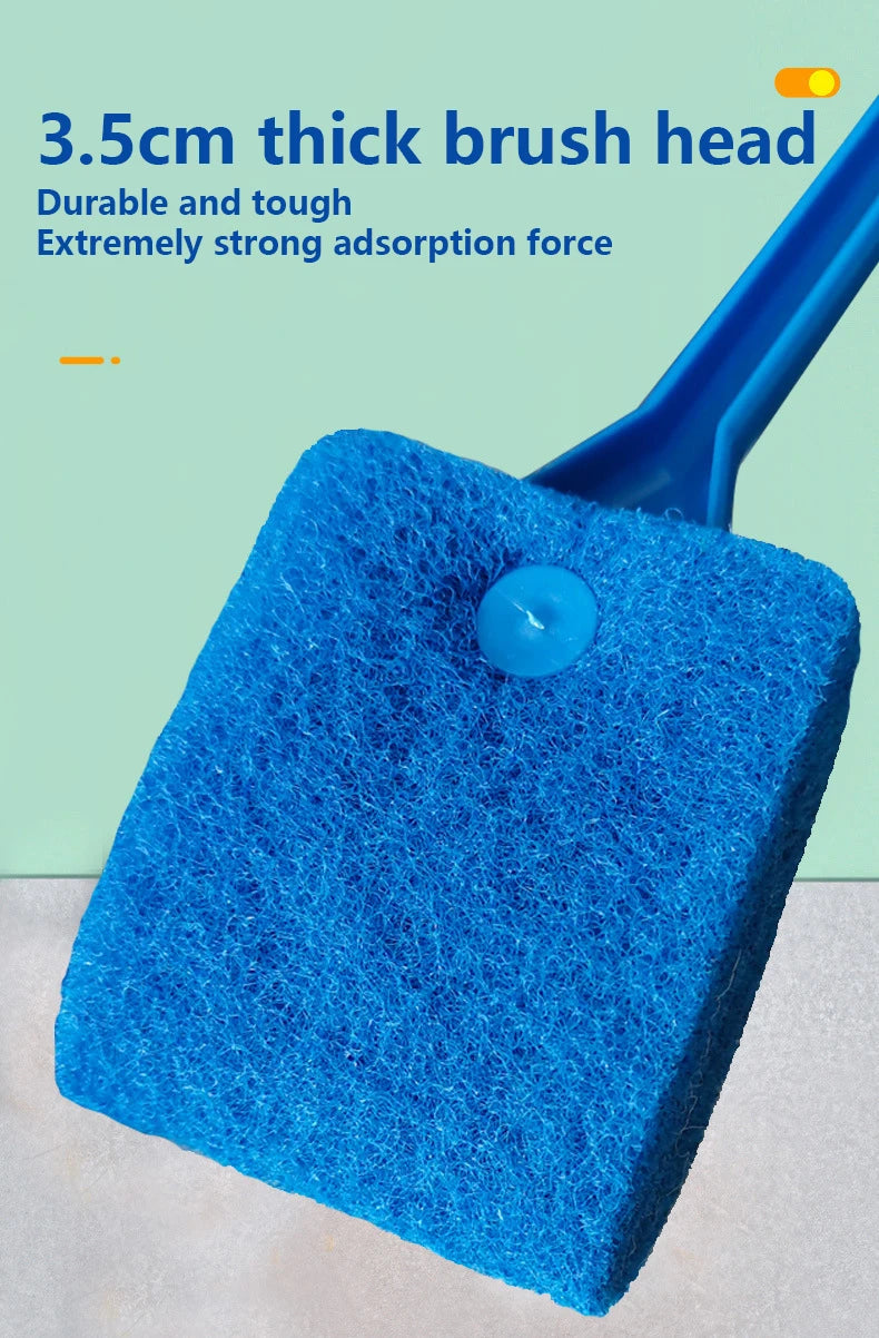 Blue scrubber with a thick brush head on a light green background
