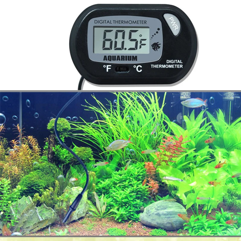Digital thermometer for aquariums displayed above a well-maintained aquarium with plants and fish.