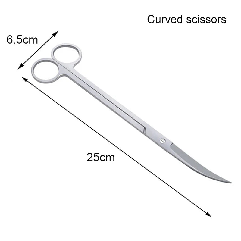 Curved scissors with measurements on a white background
