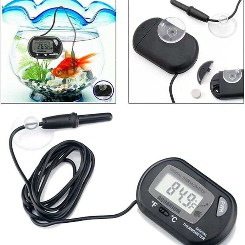 Digital aquarium thermometer with probe and inset showing use in an aquarium.