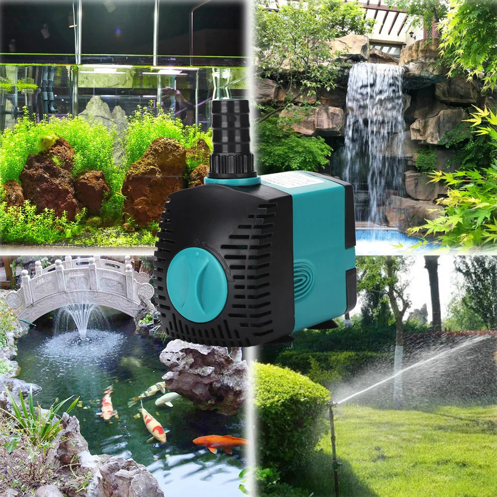 Pump used for water features in a garden with a pond and waterfall.