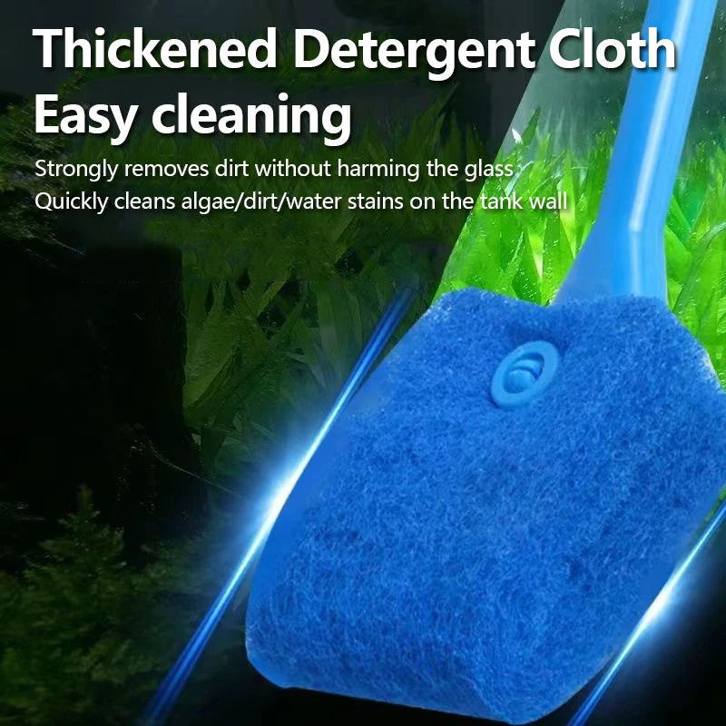 Blue cleaning cloth for aquariums with text about its use and benefits.