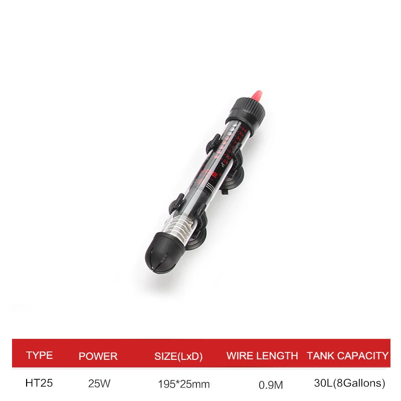 Aquarium heater with specifications on a white background